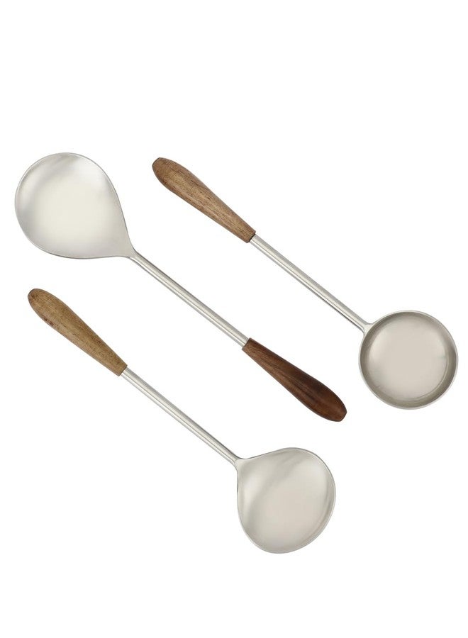 VarEesha Hand Crafted Wooden Handles Matt Steel Serving Spoons Set of Three | Elegant Lead Free Stainless Steel Server Set for Dinner| Serving Spoons for Dining Table| Cutlery for Gifting - Image 3
